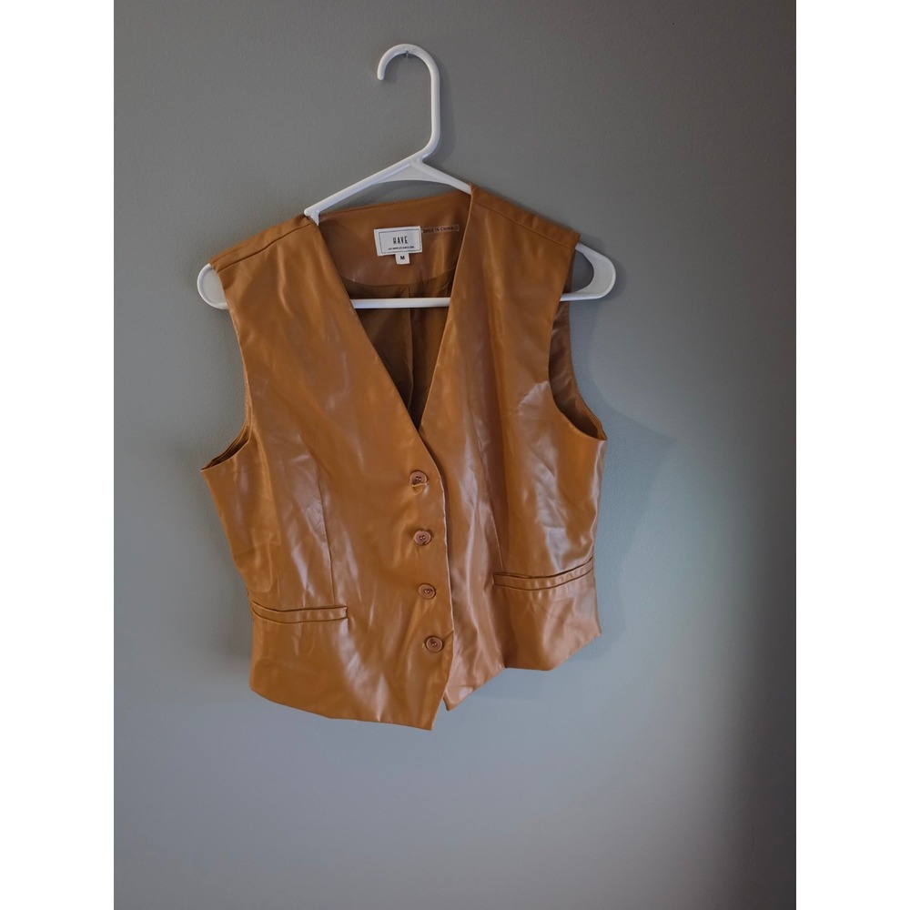 HAVE Los Angeles Faux Leather Vest Camel Brown V-Neck Button Front Size M